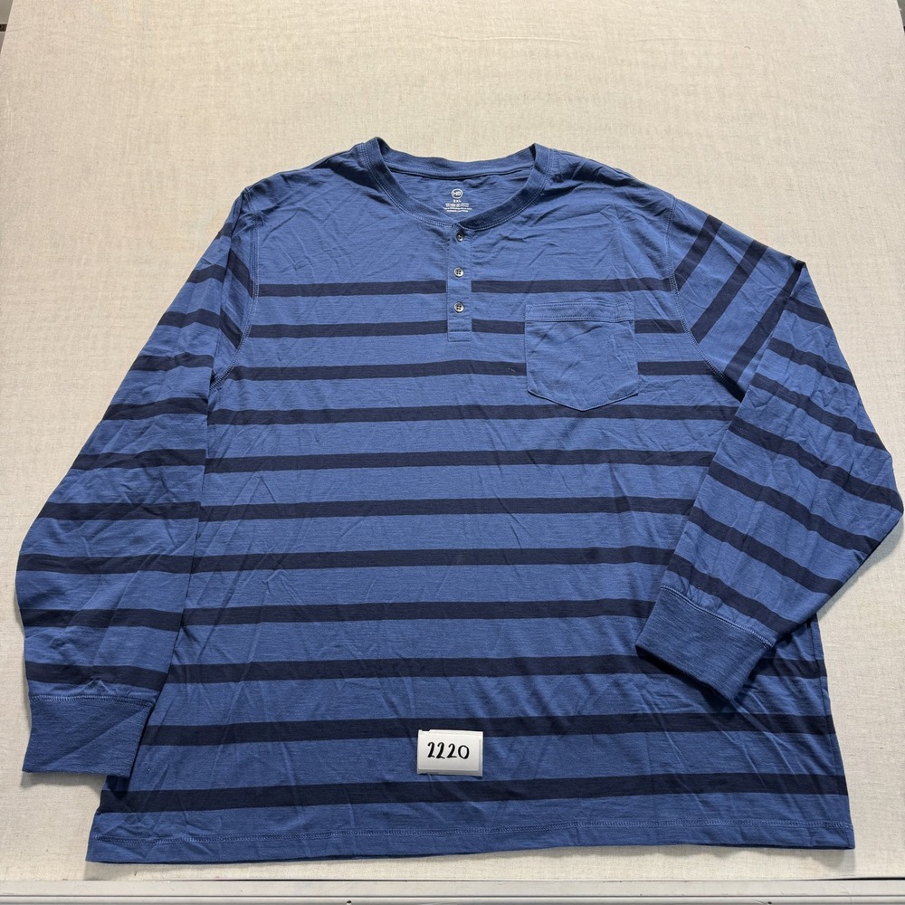 HB Henley Shirt Mens 2XL Blue Striped Long Sleeve‎ Pocket Cotton Blend